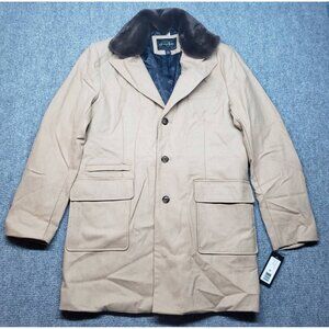 Sean John Coat Mens L Beige Mid Length Button Faux Fur Lined Flap Pockets New